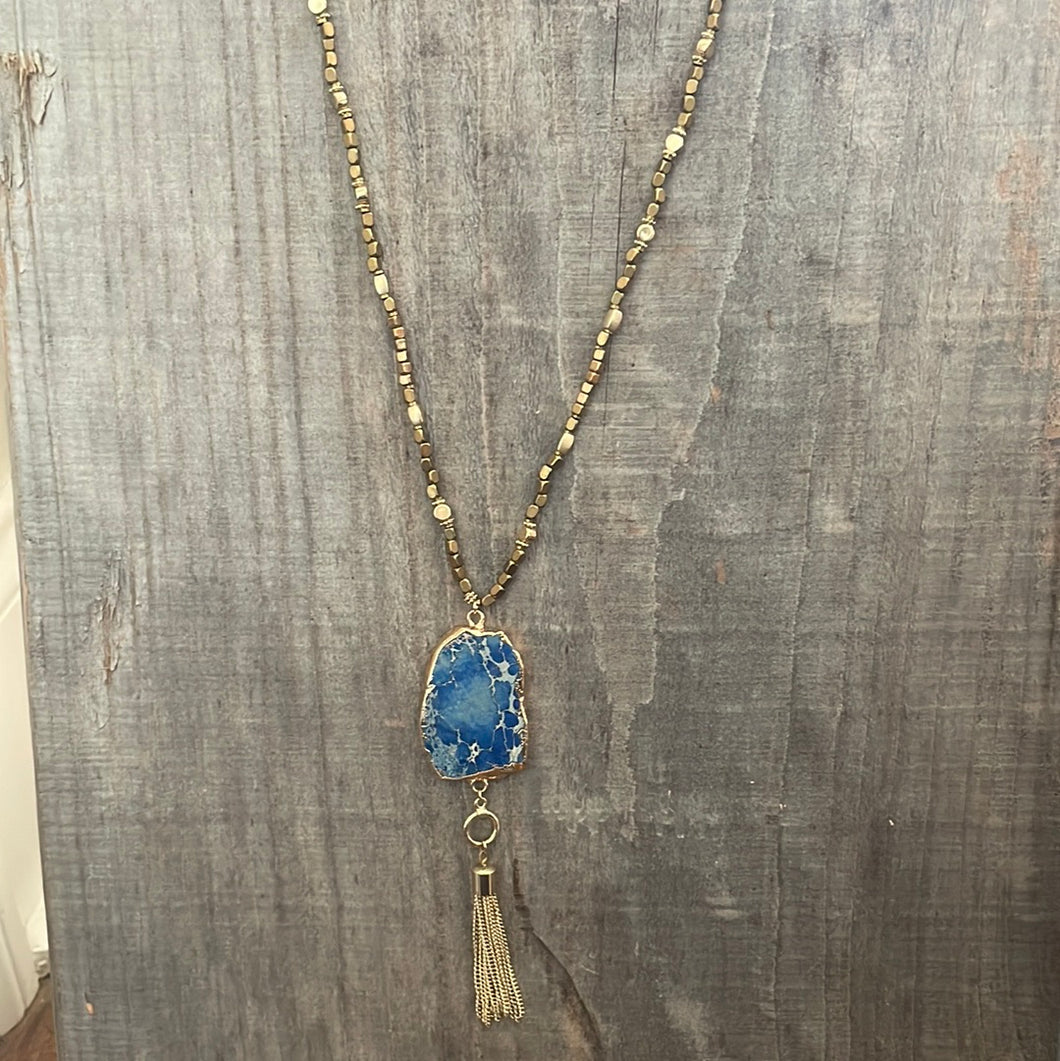 069 Long Blue/Gold Tassel Necklace